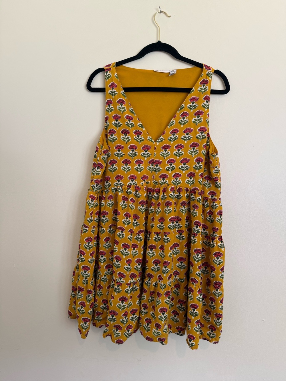 Sincerly Jules Mustard Floral V-Neck Tiered Dress